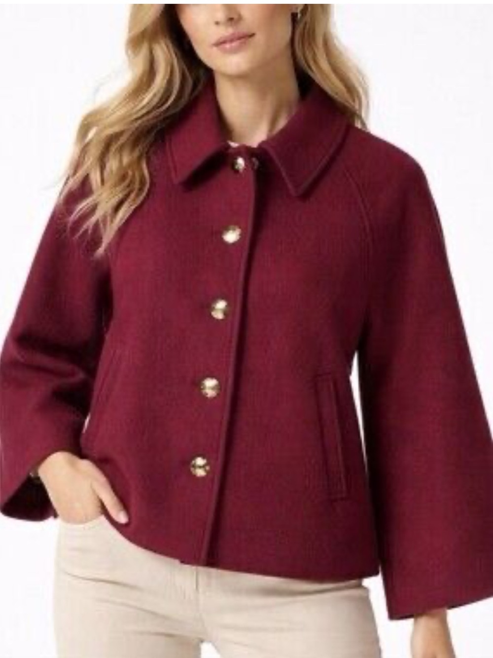 J. Crew Burgundy Pea Coat with Gold Buttons